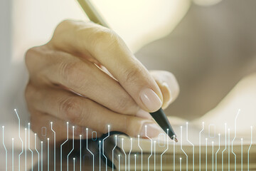 Poster - Creative abstract micro chip hologram and woman hand writing in diary on background, artificial intelligence and machine learning concept. Multi exposure