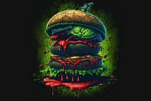 Delicious Scary Monster Burger Mascot Merchandise T-shirt, Stickers And Label Designs, Poster, Greeting Cards Advertising Business Company Or Brands ,Generative Ai	
