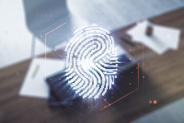 Aufkleber - Abstract creative fingerprint concept and modern desktop with computer on background. Multiexposure