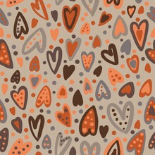 Boho Color Hearts Doodle Broun Orange Beige Color Seamless Pattern