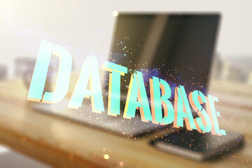 Aufkleber - Double exposure of Database word sign and modern desktop with computer on background, global research and analytics concept