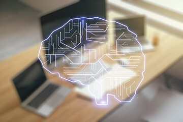 Poster - Creative artificial Intelligence concept with human brain hologram and modern desktop with computer on background. Multiexposure