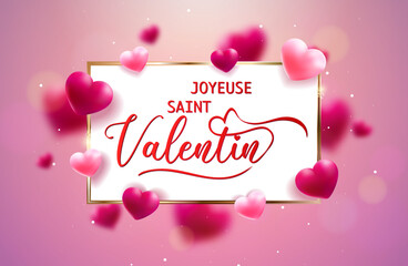 Wall Mural - carte ou bandeau pour souhaiter une joyeuse saint Valentin en rouge dans un rectangle blanc à bords or et des coeurs rose clair et foncé en effet bokeh  sur un fond rose foncé en dégradé