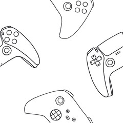 Wall Mural - Seamless pattern of game controllers. Vector illustration in hand-drawn outline flat style on white background