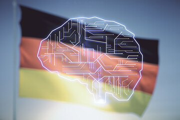 Poster - Double exposure of creative artificial Intelligence interface on German flag and blue sky background. Neural networks and machine learning concept