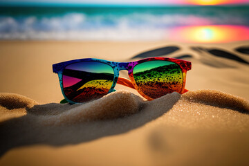 Sticker -  a pair of sunglasses sitting on top of a sandy beach next to the ocean at sunset or sunrise time, with a colorful reflection of the sun on the sunglasses.  generative ai