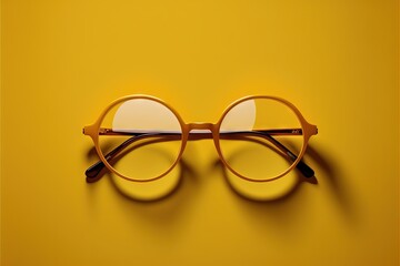  a pair of glasses sitting on top of a yellow surface with a book in the middle of the glasses and a yellow background behind it.  generative ai