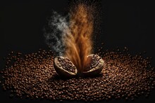  A Coffee Bean Is Being Roasted On A Black Background With A Brown Substance Coming Out Of It And A Black Background With Coffee Beans And A.  Generative Ai