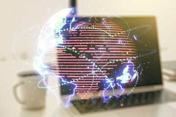 Leinwandbilder - Double exposure of abstract digital world map with connections on computer background, big data and blockchain concept