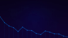 Simple descending light blue line graph on a dark blue background with pixelated world map. Abstract stock market analysis or finance concept background with copy space.