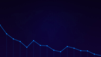 Poster - Simple descending light blue line graph on a dark blue background with pixelated world map. Abstract stock market analysis or finance concept background with copy space.