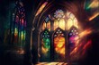  a painting of a cathedral with stained glass windows and a light beam coming from the window into the floor below it, and a light coming from the window.  generative ai