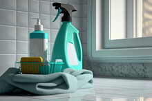  A Blue Bottle Of Cleaner, A Blue Brush, A Blue Sponge, And A Blue And White Towel On A White Tiled Floor In Front Of A Window Sill.  Generative Ai