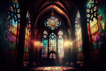 a church with stained glass windows and a light shining through the window panes on the floor and th