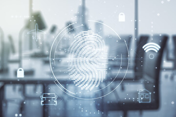 Aufkleber - Double exposure of virtual creative fingerprint hologram on a modern furnished office interior background, protection of personal information concept