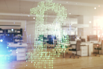 Poster - Double exposure of creative Bitcoin symbol hologram on a modern furnished office interior background. Mining and blockchain concept
