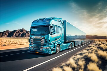 Wall Mural -  a blue semi truck driving down a highway in the desert with mountains in the background and a blue sky with clouds above it and a few clouds.  generative ai