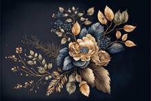  A Painting Of A Bouquet Of Flowers On A Black Background With Gold Leaves And Berries On The Stems And A Blue Background With A Gold Border.  Generative Ai