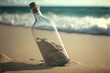 © Anna - a bottle with sand inside sitting on a beach near the ocean and waves coming in from the ocean shore, with a message written in the bottle.  generative ai