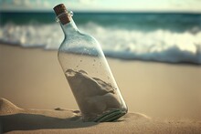  A Bottle With Sand Inside Sitting On A Beach Near The Ocean And Waves Coming In From The Ocean Shore, With A Message Written In The Bottle.  Generative Ai