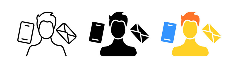 Poster - Man with mail line icon. Letter, envelope, phone, text, mail, correspondence, message. Communication concept. Vector icon in line, black and colorful style on white background