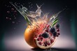  a fruit with water splashing out of it and a fruit with berries and blackberries in it, on a dark background with a splash of water.  generative ai