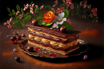  a piece of cake with chocolate and flowers on a plate with chocolates and flowers on the table behind it and a dark background with flowers.  generative ai