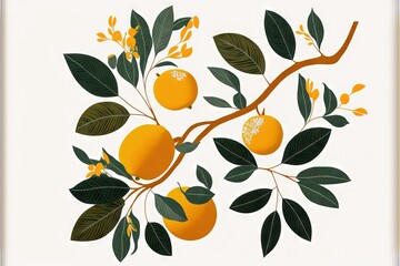  a branch with oranges and leaves on it, with a white background and a white background with a gold border around the branch and a white background with a.  generative ai