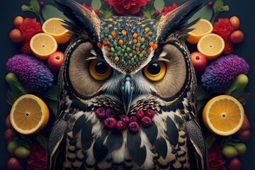 Sticker -  an owl with a colorful head surrounded by fruit and flowers and oranges and berries and a rose on the side of the image is a blue background.  generative ai