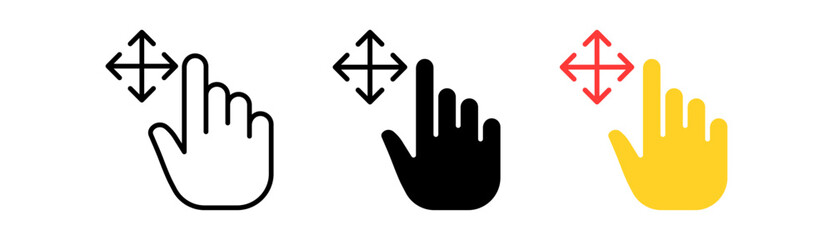 Poster - Zoom in and out set icon. Index finger, decrease, increase, sliding, Scrolling, click, arrow, sensor, button. Pressing concept. Vector icon in line, black and colorful style on white background