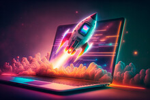 Rocket Taking Off In Open Laptop On Ultraviolet Background. Startup Takes Off For Launching New Business. Entrepreneurship, Success Strategy, Investment, Digital Marketing. Generative AI.