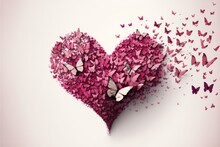 Valentine's Day Pink Heart White Background And Butterflies - Generative Ai