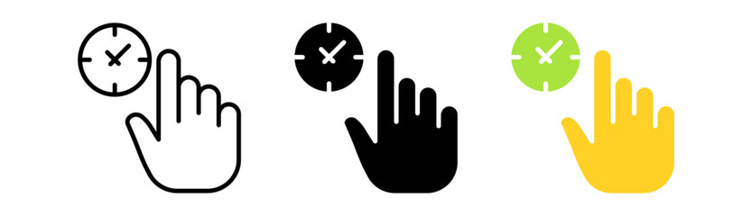Poster - Hand with clock set icon. Clickfinger, brush, tapping, sliding, Scrolling, touch, cursor, sensor, watch. Pressing concept. Vector icon in line, black and colorful style on white background