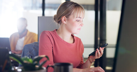 Poster - Computer, phone and business woman checking digital information, biometric and authentication in office. Woman, smartphone and online schedule, calendar and app for management, order and planning
