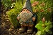 ai midjourney illustration of a small cute garden gnome in a green garden landscape
