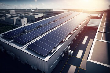 Tendency to take advantage of the free roofs of the industries to place photovoltaic panels to reduce business electricity costs.Ai generated