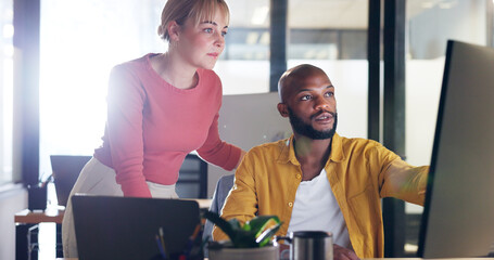 Corporate black man, woman and point at computer, schedule or planning for learning at marketing job. Mentor, teaching and help for man, employee and reading on pc, internet or social media for SEO