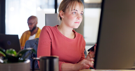 Poster - Contact us, lead generation and woman with smartphone, computer and typing on keyboard using customer information. Crm company, online communication and girl in office of Australia marketing business