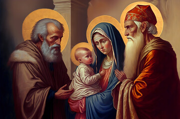 Wall Mural - St. Simeon, Virgin Mary, Joseph and Christ on the Presentation of Jesus at the Temple. Candlemas Day.