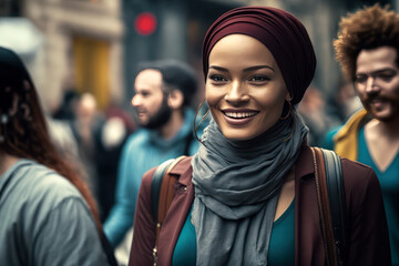 Wall Mural - Smiling young college female student wearing a hijab looking at the camera. generative AI	
