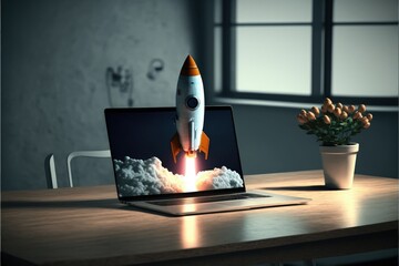 Wall Mural - Rocket taking off from laptop screen on top of office desk, startup concept, Generative AI
