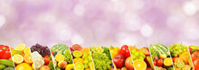 Fruits, Vegetables, Berries Separated Oblique Lines On Blurred Background.
