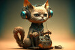 Playful and mischievous cat wearing a pair of headphones and holding a microphone, generative ai