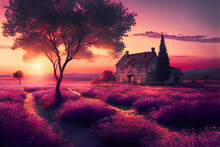Beautiful Lavender Field At Sunset.  Generative AI.