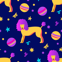 Wall Mural - Funky poodle dog with a ball happy vector seamless pattern. Fun character cute backdrop, colorful kids creative background