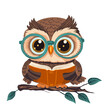 Cartoon cute wise owl with a book vector character. Smart animal, kids cheerful illustration. Colorful funny beautiful design.