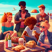 A Group Of Diverse Friends Gather Around A A Picnic Bench On A Sunny Windy Spring Day Near A Beach With White Glittering Sand And Joyous People In The Background Party Games Spring Time Breeze Warm 