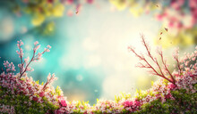Spring Background With Flowers And Blossoming Tree, Generative Ai