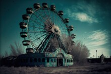 Abandoned Amusement Park With A Ferris Wheel In The B, Created With Generative AI Technology
