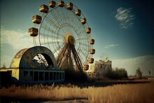 Abandoned Amusement Park With A Ferris Wheel In The Background, Created With Generative AI Technology